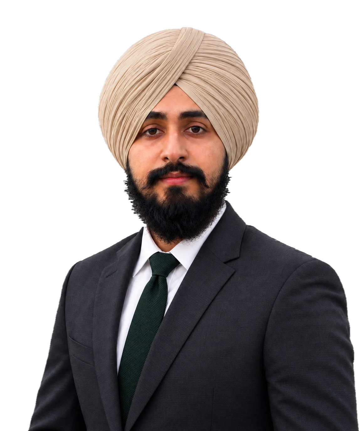 Portrait of Tanveer Singh in a cream turban, charcoal jacket, and deep green tie